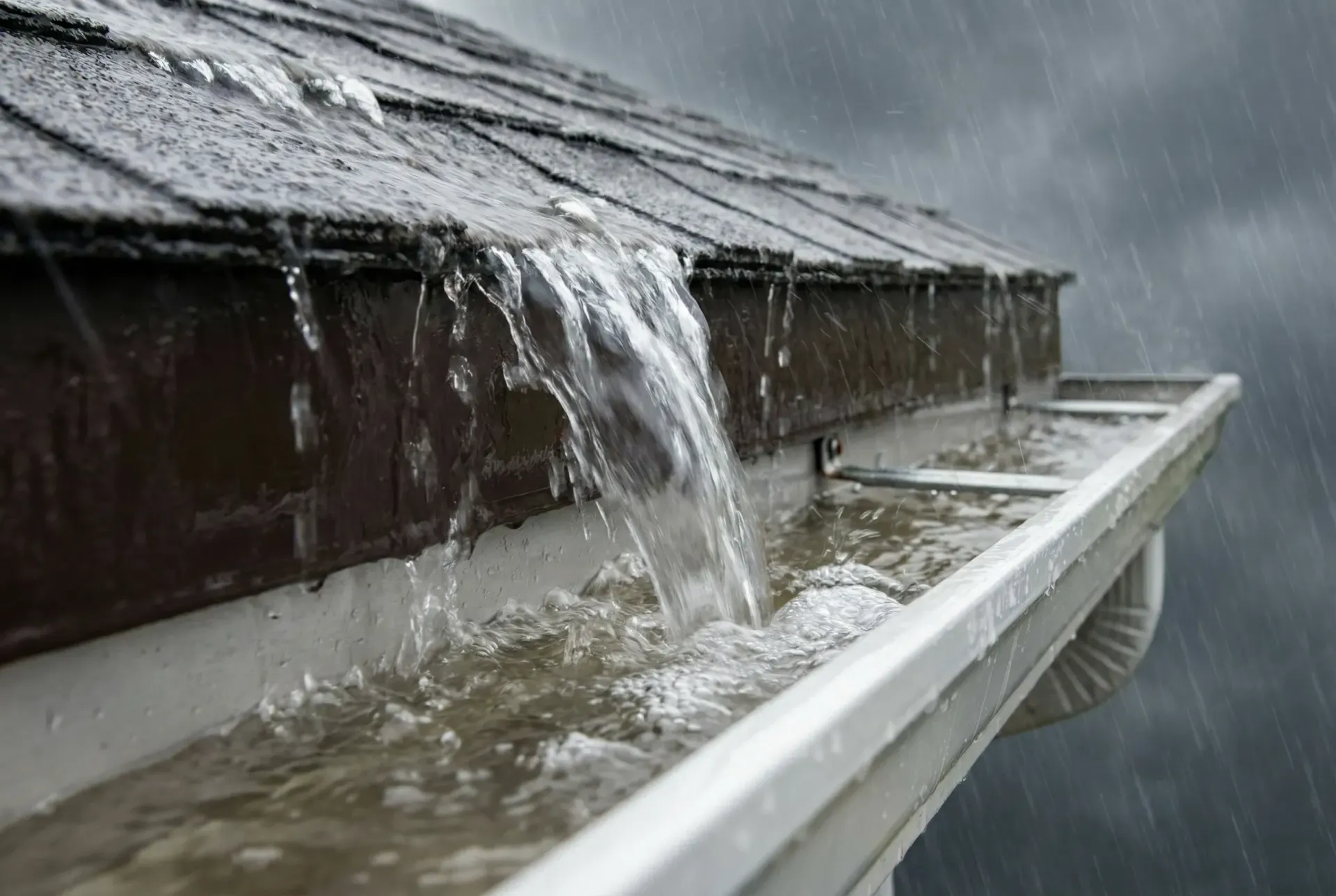 Rainwater pours from the edge of a dark, shingled roof into a white gutter during a heavy storm.