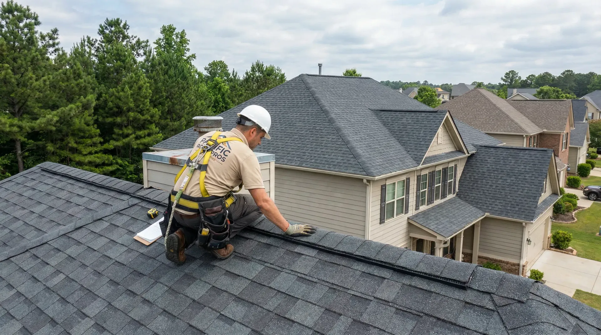 A person wearing a white hard hat and safety harness installs shingles on the roof of a suburban house.