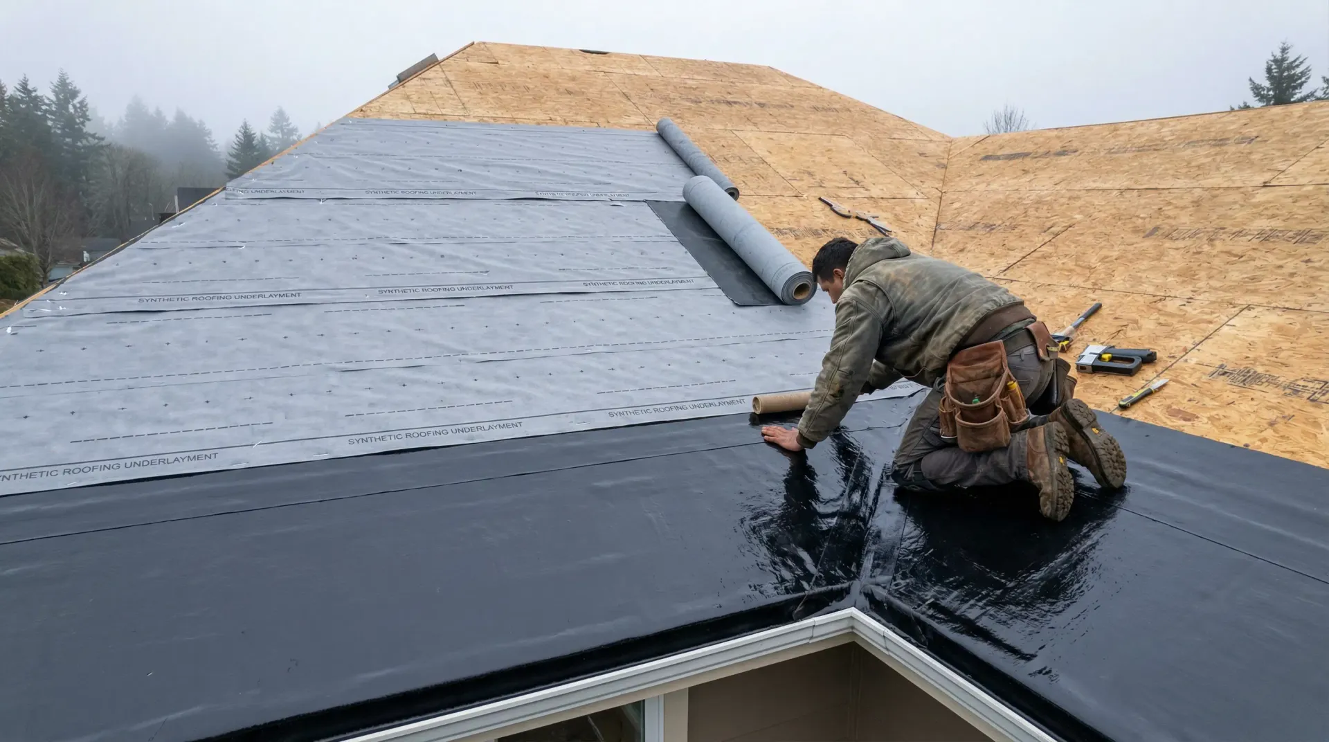 A roofer kneeling on a wooden roof deck while installing black underlayment over plywood sheathing.
