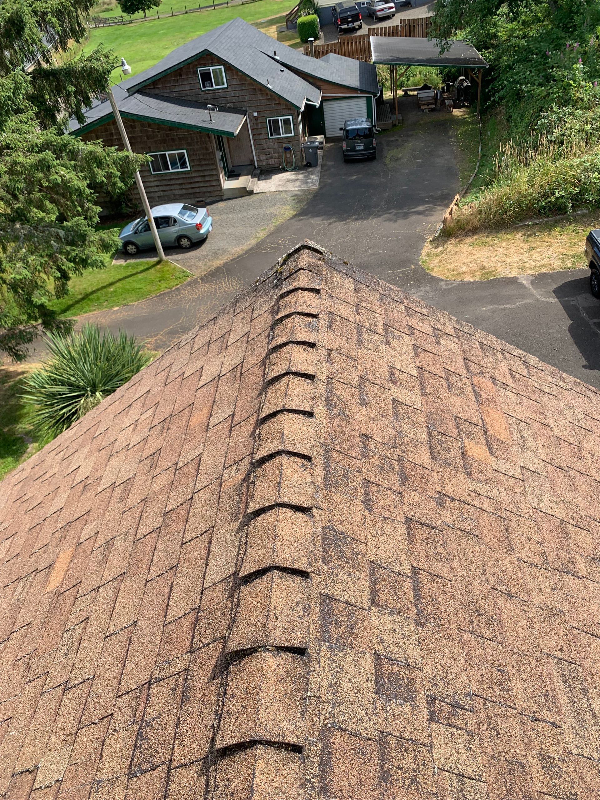 Worn, faded tan asphalt shingles along the ridge of an Astoria, OR roof before replacement
Caption: Before: the original shingles were worn thin and losing granules across the whole roof