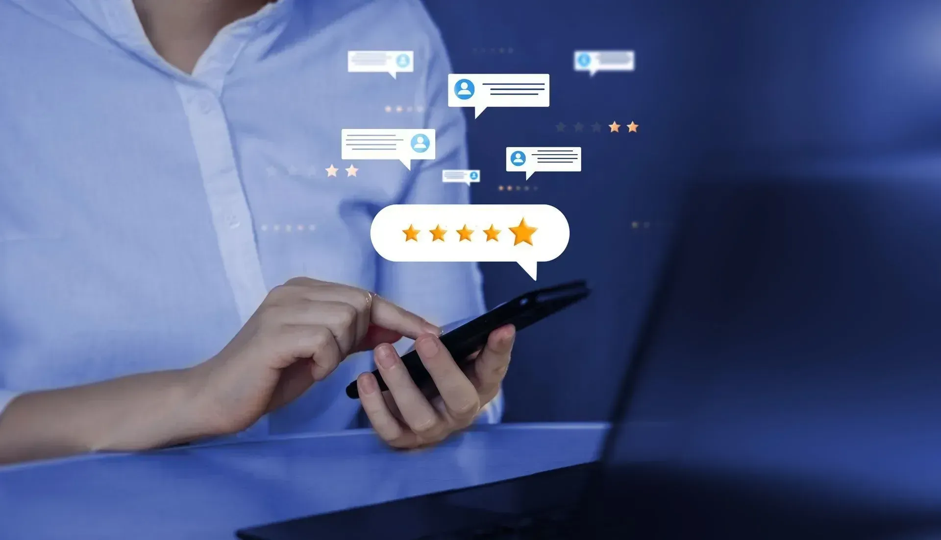 Person using smartphone with floating chat icons and a five-star rating overlay on a blue background