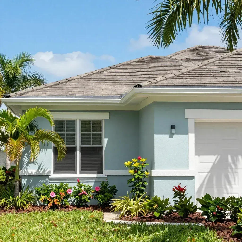 Single-story blue house with white trim, garage, and tropical landscaping under a sunny sky