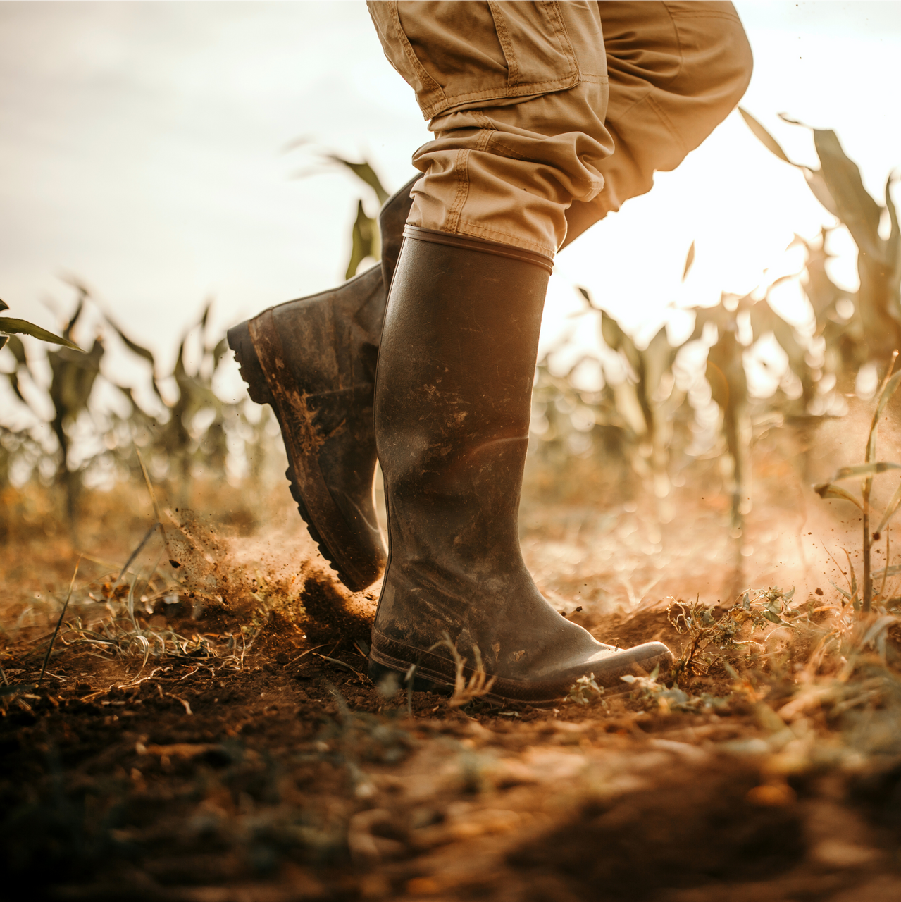 Person wearing brown rubber boots walking in a muddy field, likely a farm.