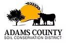 Adams County Soil Conservation District logo: Sun, cows, tree, wheat, orange, black, white.