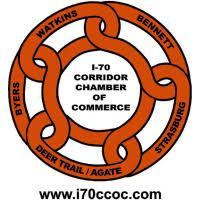 Logo for the I-70 Corridor Chamber of Commerce: orange intertwined design with city names and website address.