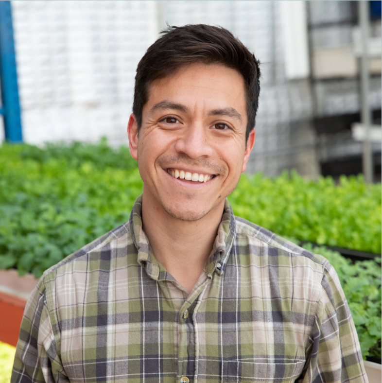 Smiling man in plaid shirt, standing in front of a greenhouse with green plants.