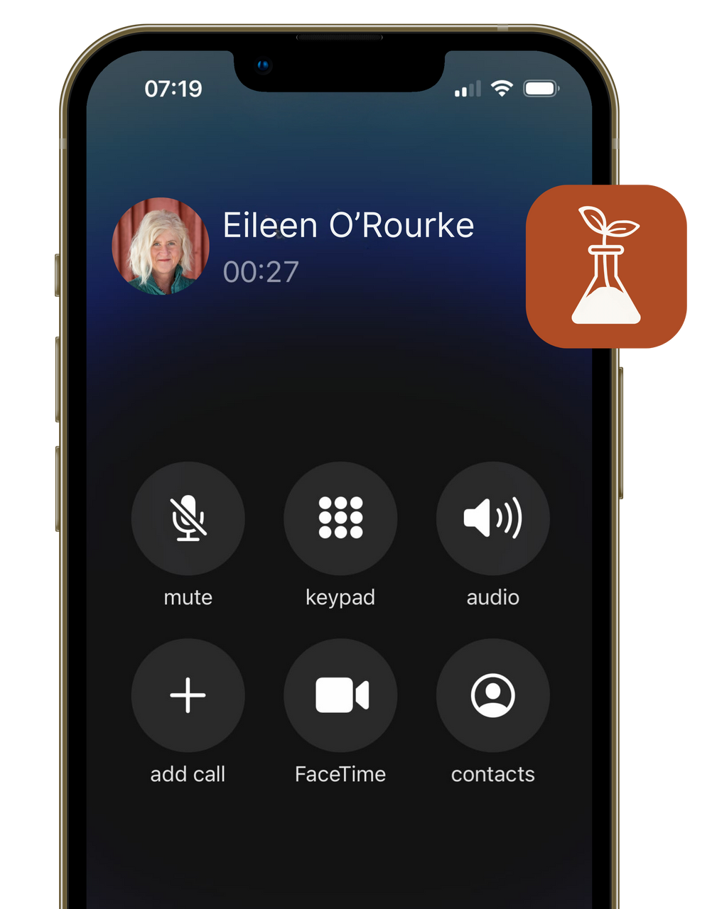 Incoming call from Eileen O'Rourke on a smartphone. Call controls are visible. An icon is in the upper right.