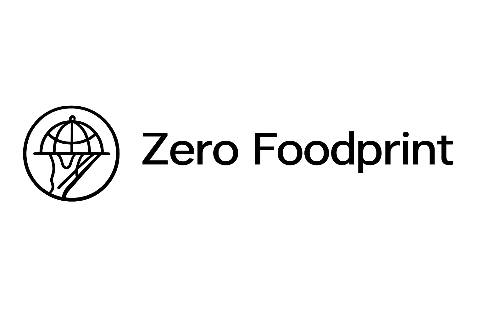 Logo for Zero Foodprint, a hand holding a plate with a globe inside a circle.