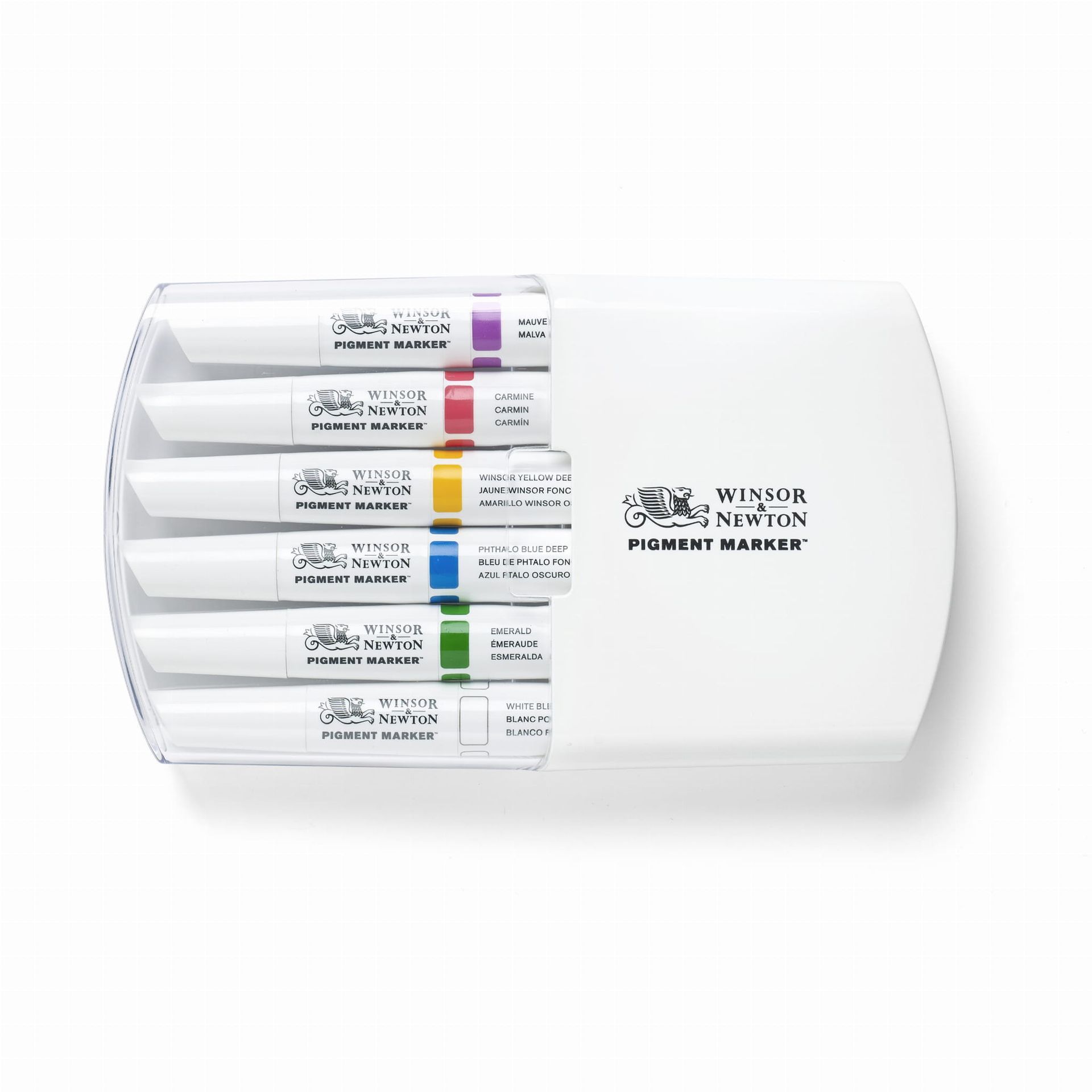 Witte verpakking met zes Winsor & Newton pigmentmarkers. Elke marker heeft een gekleurde punt en dop.