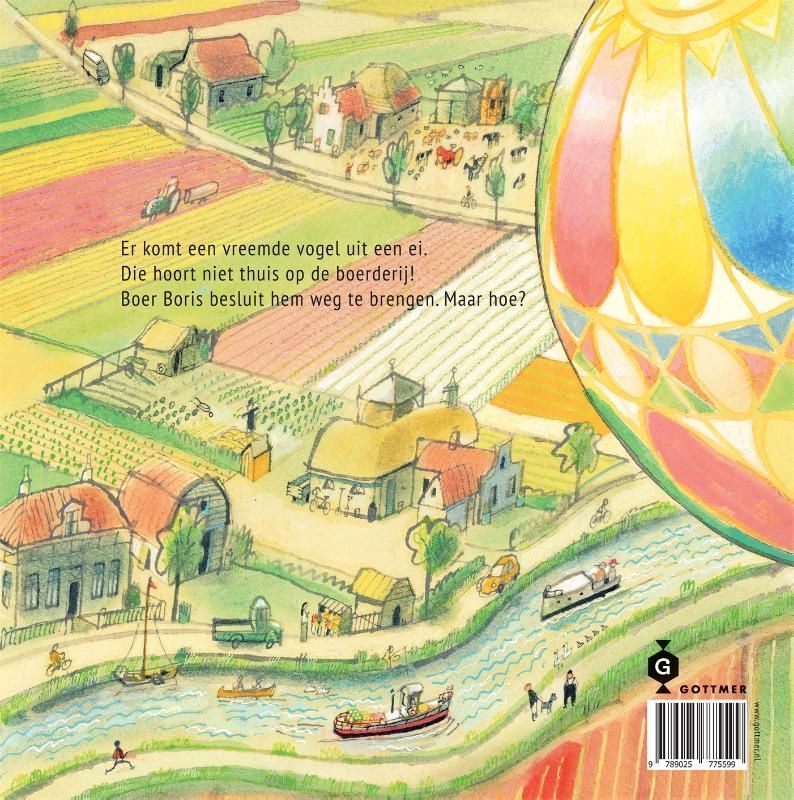 Omslagontwerp voor een Nederlands kinderboek. Boer Boris en zijn vrienden maken een ritje in een kleurrijke luchtballon boven een boerenlandschap.