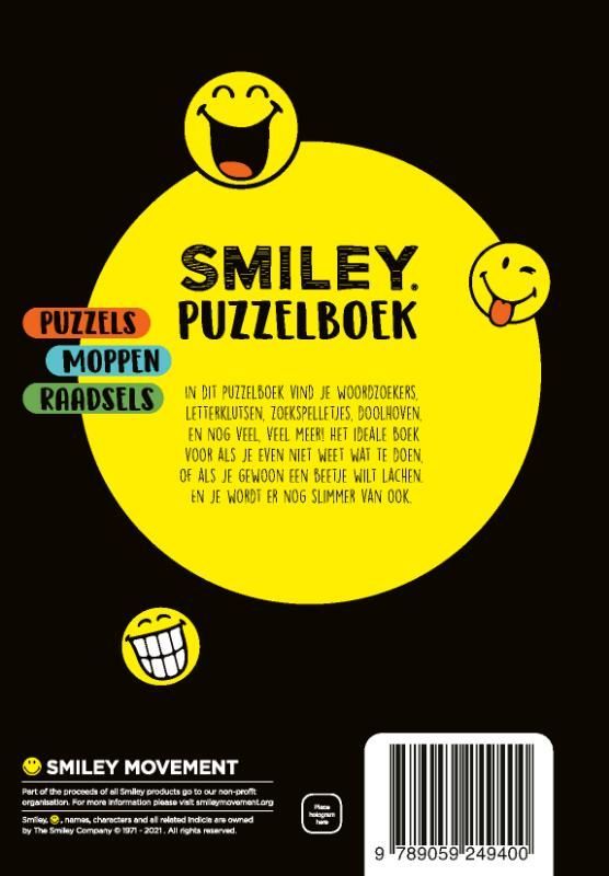 Puzzelboekomslag met smiley en tekst: 