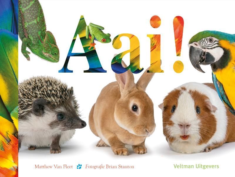 Boekomslag met diverse dieren: kameleon, papegaai, egel, konijn, cavia en het woord 