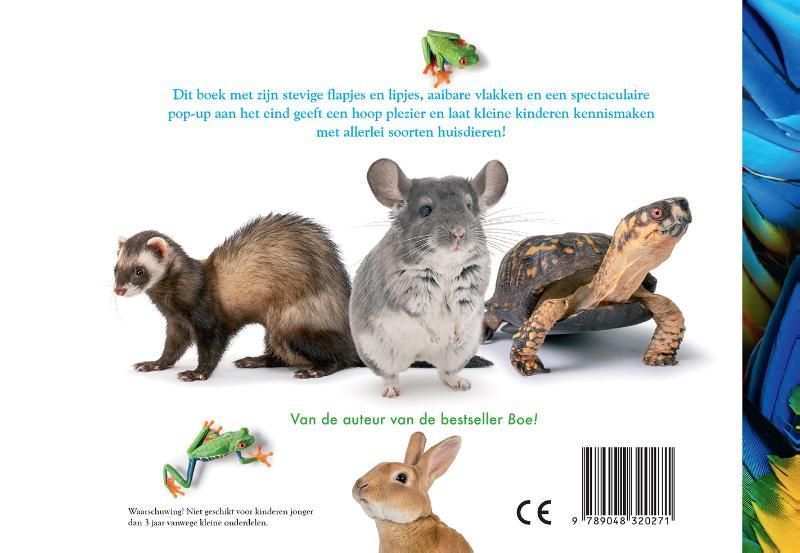 Boekomslag met diverse dieren: kameleon, papegaai, egel, konijn, cavia en het woord 