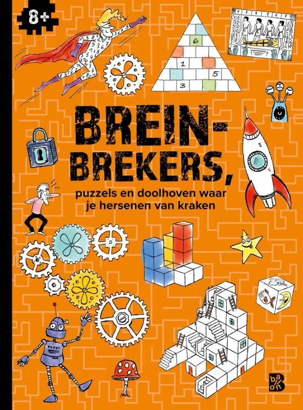 Omslag van een puzzelboek: Oranje met illustraties van tandwielen, raketten, robots en blokpuzzels. Titel: 