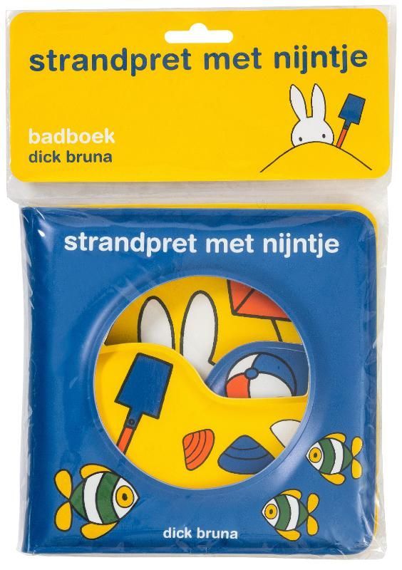 Blauw babybadboekje met een rond kijkgaatje waardoor je strandspeelgoed kunt zien, gele rand met de tekst 