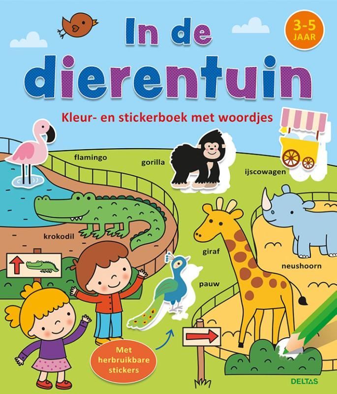 Kleur- en stickerboek met woordjes - in de dierentuin