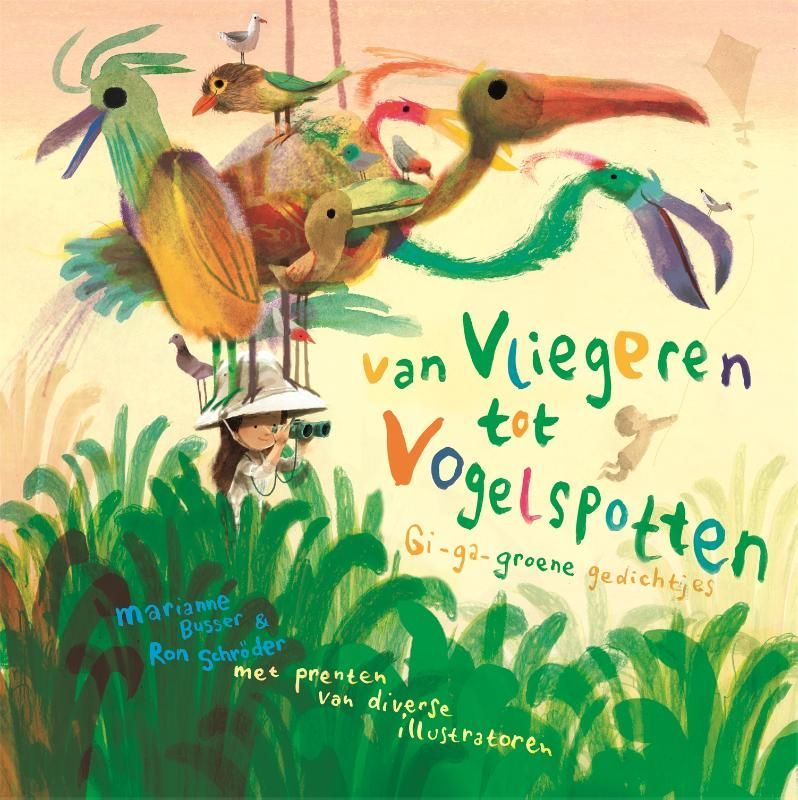 Book cover: colorful illustration of birds and a child birdwatching. Dutch title 