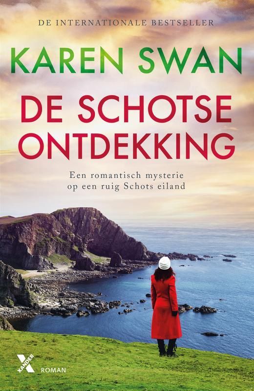 Boekcover: Een vrouw in een rode jas staat op een klif met uitzicht op zee; tekst 