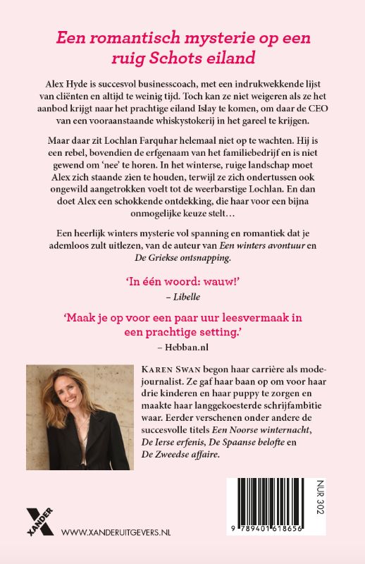 Boekcover: Een vrouw in een rode jas staat op een klif met uitzicht op zee; tekst 