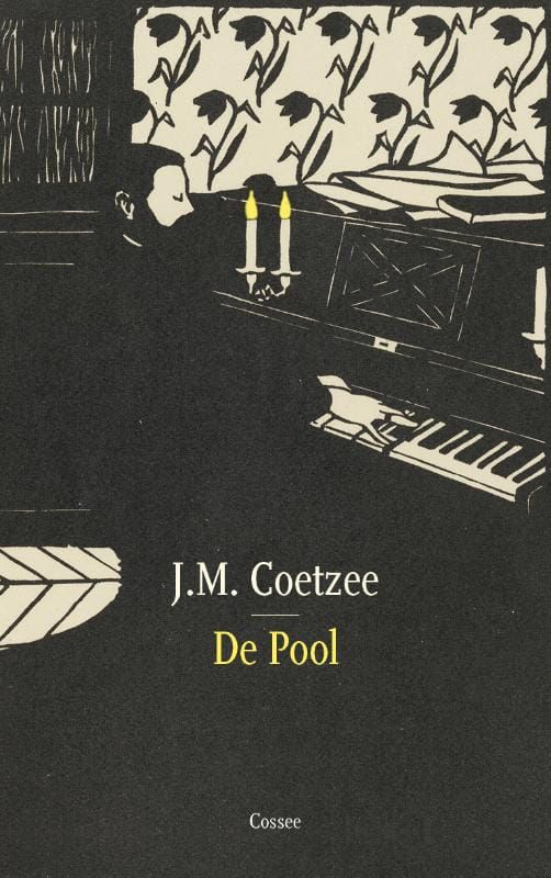 Boekcover. Man aan de piano, twee kaarsen, behang met patroon, titel 