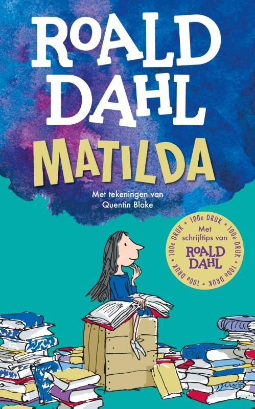 Boekcover van Matilda van Roald Dahl, met een illustratie van een meisje omringd door boeken.