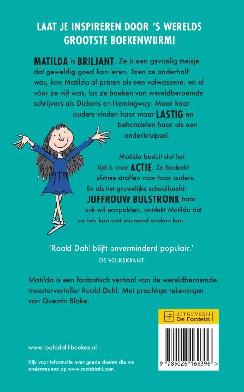 Boekcover van Matilda van Roald Dahl, met een illustratie van een meisje omringd door boeken.