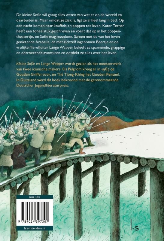 Boekcover: Cartoonfiguren op een brug. Titel: 