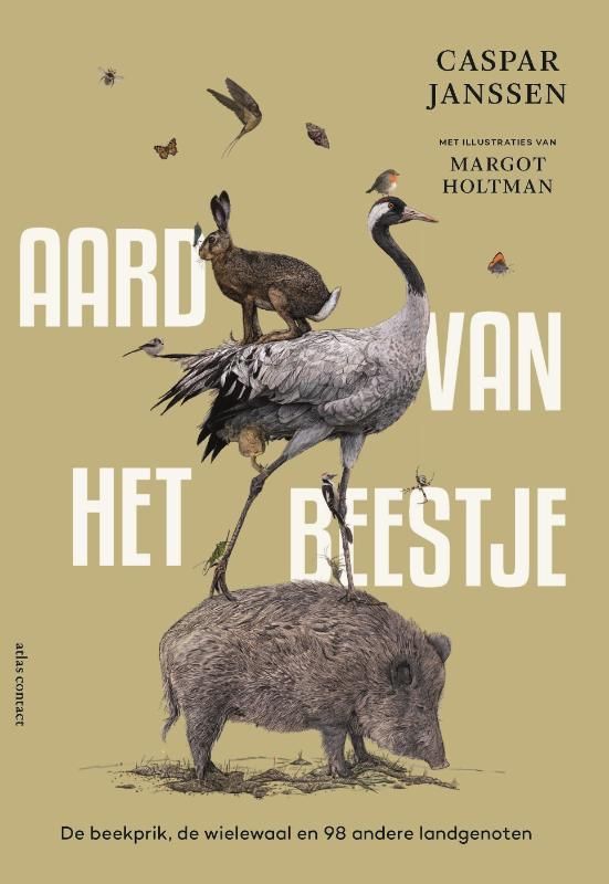 Boekcover: Een kraanvogel, een konijn en vogels bovenop een everzwijn, met de titel 