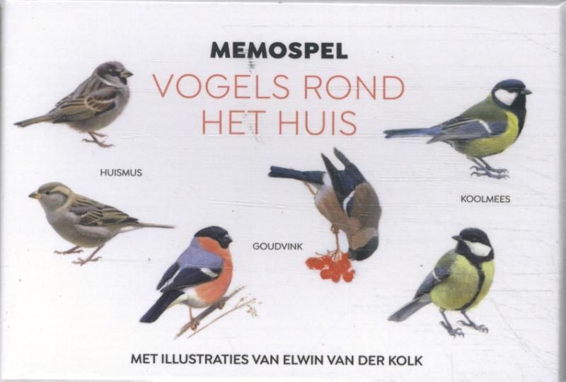 Memo-speldoos met illustraties van vogels rondom een ​​huis, waaronder een mus en een koolmees.