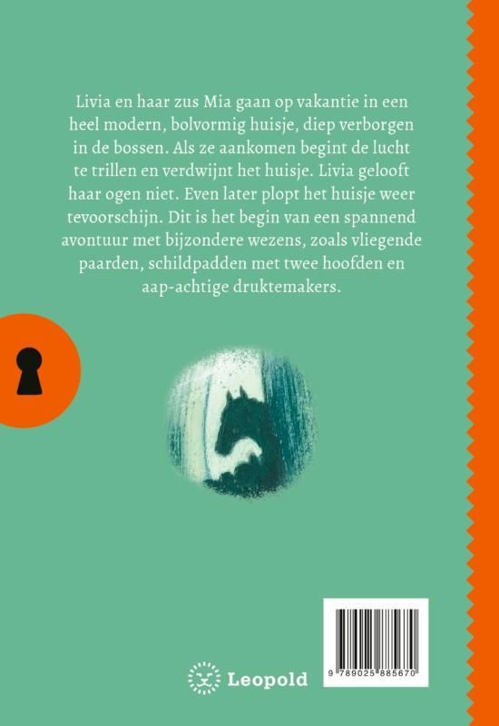 Boekcover: Meisjes kijken naar een voertuigachtig bouwwerk in een bos. Tekst in het Nederlands: 