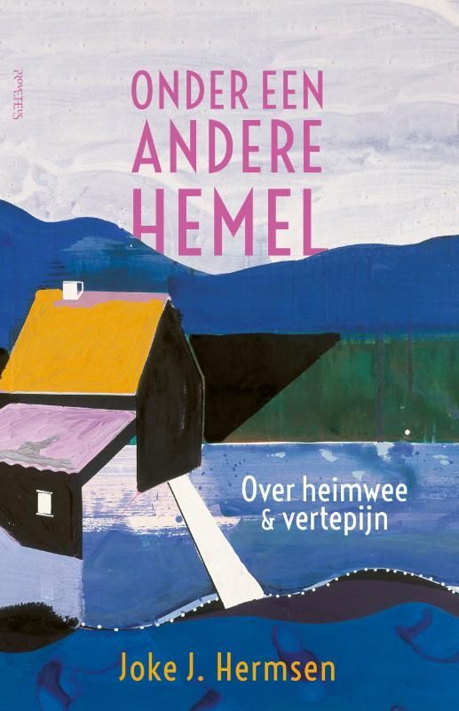 Book cover: house with yellow roof by water, text 