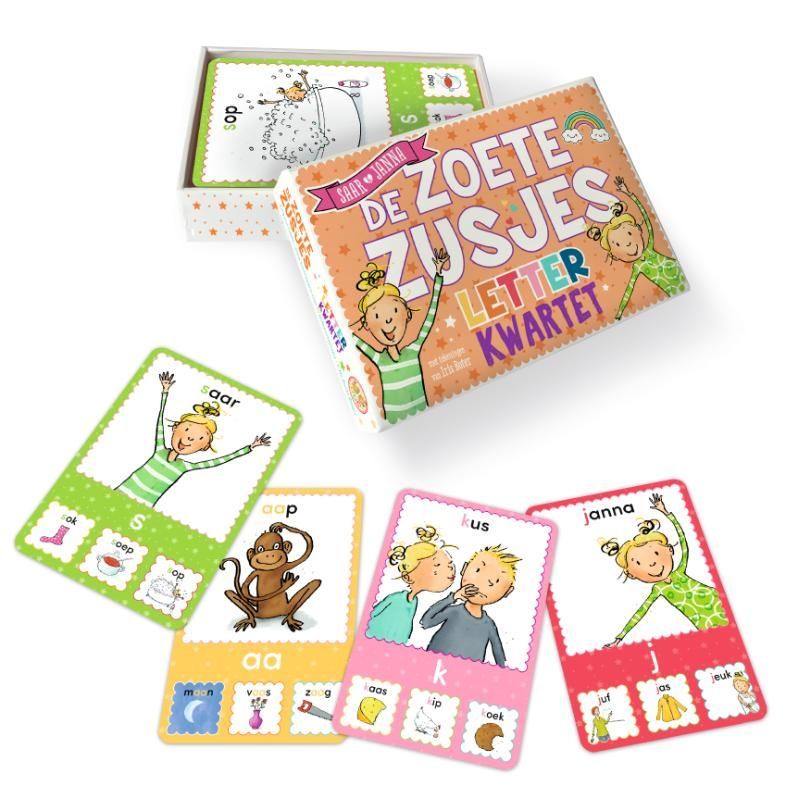 Een letterspel voor kinderen met kaartjes, een doos en illustraties van kinderen en woorden.