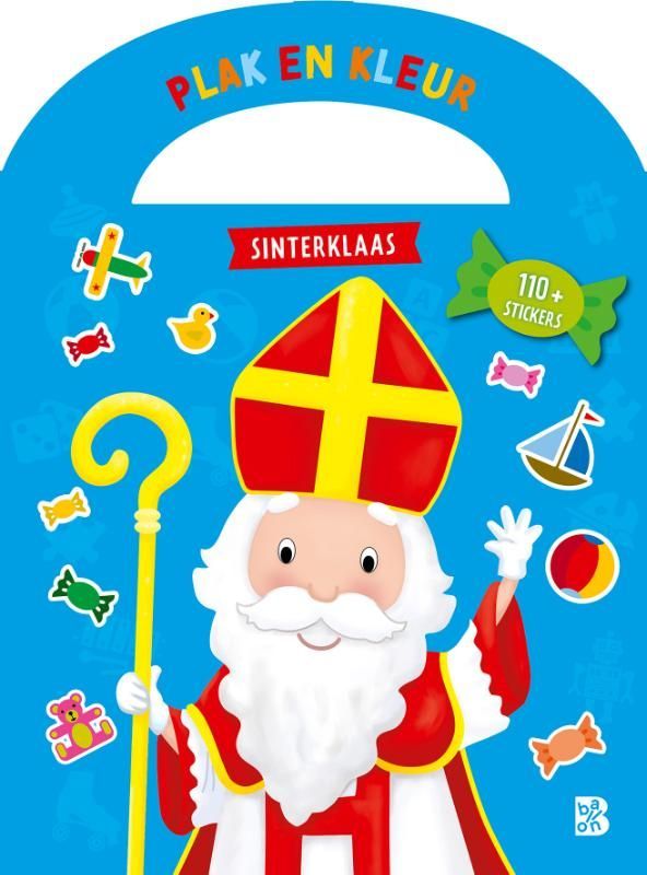 Boekcover: Illustratie van Sinterklaas met stickers, tekst 