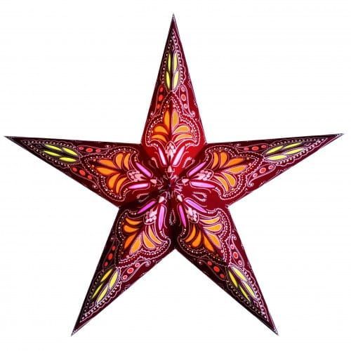 Rode en oranje stervormige papieren lantaarn met een sierlijk bloemenpatroon.