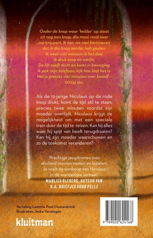 Boekcover: Jongen op het spoor, kijkend naar een vervallen groene trein tegen een zonsondergang. Titel: 