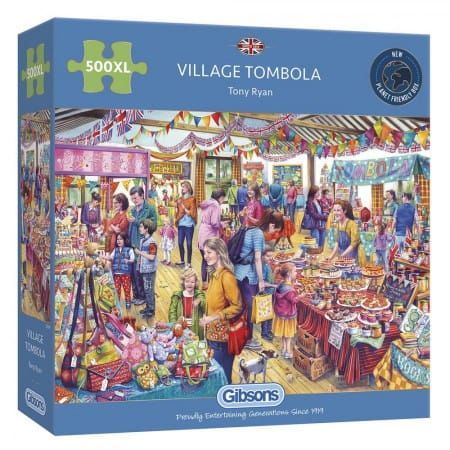 Een puzzel van 500XL met een afbeelding van een druk dorpsfeest met een tombola. Mensen struinen langs de kraampjes met prijzen, en boven hun hoofden hangen kleurrijke vlaggetjes.