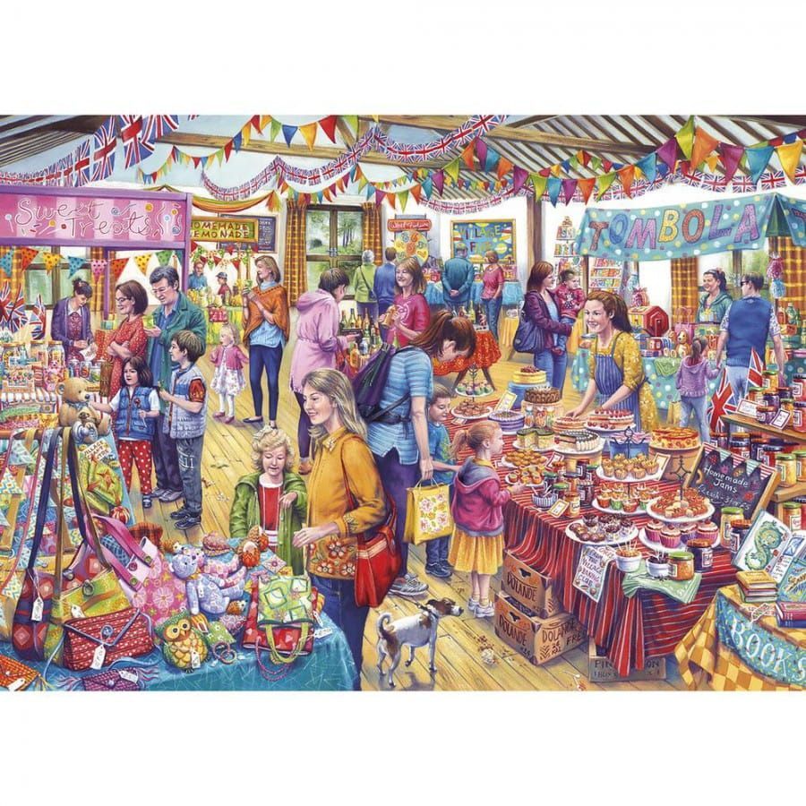 Een puzzel van 500XL met een afbeelding van een druk dorpsfeest met een tombola. Mensen struinen langs de kraampjes met prijzen, en boven hun hoofden hangen kleurrijke vlaggetjes.