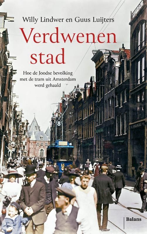Boekcover met een historisch straatbeeld van Amsterdam. Titel: 
