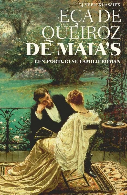 Boekomslag: Man en vrouw zitten buiten, tekst: Eça de Queiroz, De Maias, Nederlandse vertaling.