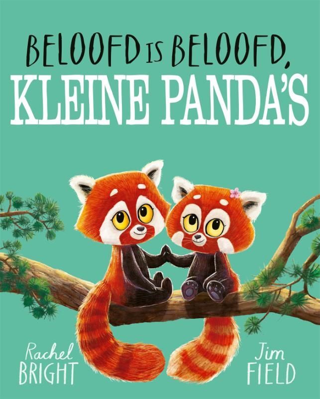 Twee rode panda's die elkaars handjes vasthouden op een tak; boekomslag met titel.