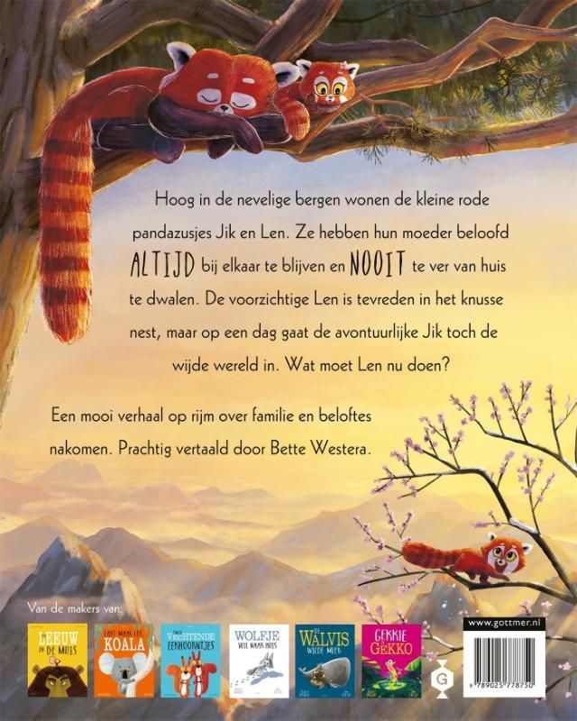 Twee rode panda's die elkaars handjes vasthouden op een tak; boekomslag met titel.