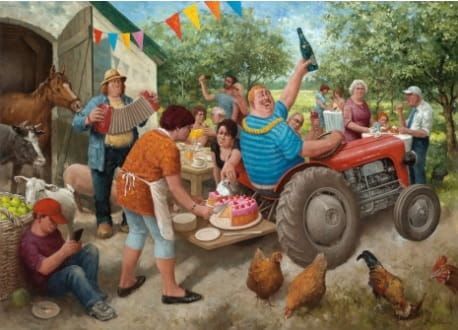 Puzzeldoos met een drukke boerderijscène: feest met tractor, taart, mensen, dieren en feestelijke versieringen.