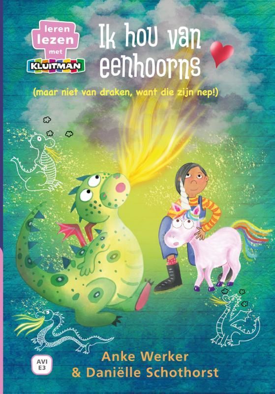 Boekcover: Meisje en eenhoorn staan ​​tegenover een groene draak. Nederlandse tekst: 