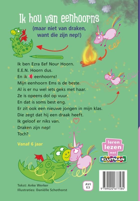 Boekcover: Meisje en eenhoorn staan ​​tegenover een groene draak. Nederlandse tekst: 
