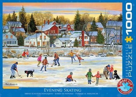 Mensen schaatsen op een bevroren vijver in een besneeuwd dorp; schemering.