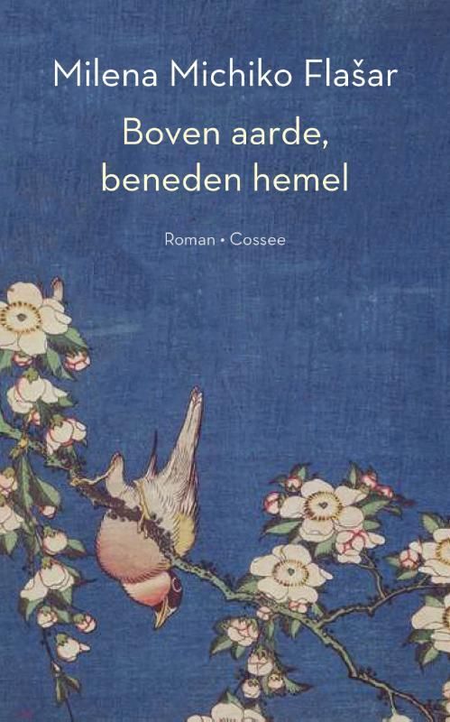 Boekomslag met een vogel die op een tak met witte bloemen zit, tegen een blauwe achtergrond.