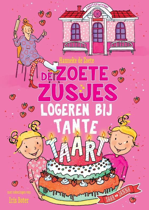 Omslagontwerp: Twee meisjes met een taart, een vrouw met een deegroller, een roze huis en tekst in het Nederlands.