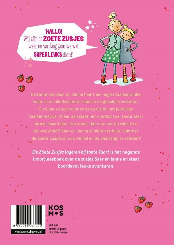 Omslagontwerp: Twee meisjes met een taart, een vrouw met een deegroller, een roze huis en tekst in het Nederlands.