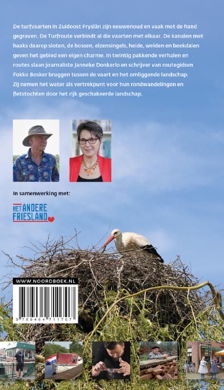 Boekcover: Persoon loopt over een pad naast fietsers. Titel: Wandelen & fietsen vanaf de Turfroute in Zuidoost-Friesland.