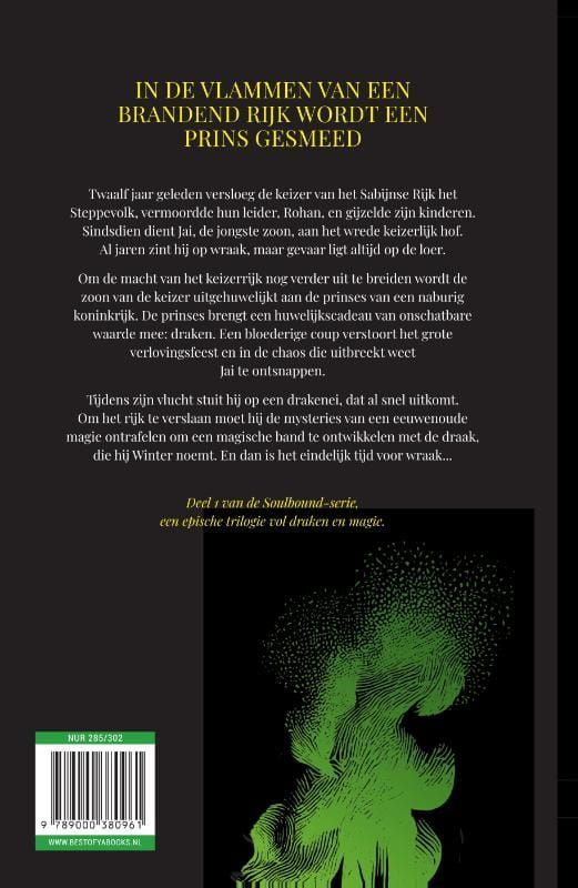 Boekcover: Groene draak op een zwarte achtergrond. Titel: 